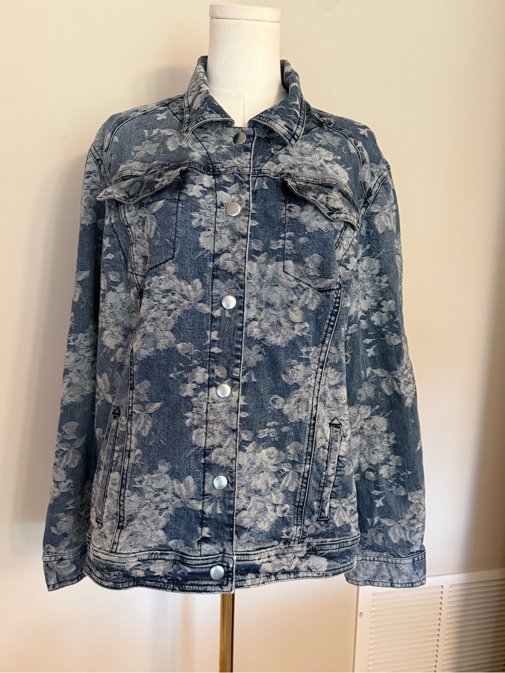 Chico's Floral Denim Jacket Size 3 XL Blue Printed Jean Jacket Coquette Girly
